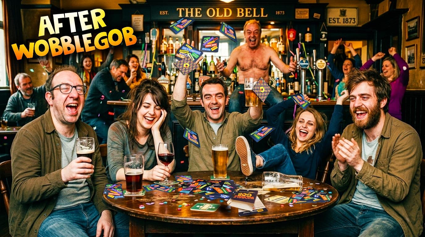 WobbleGob before and after pub with friends. Before unhappy and after Wobblegob hilarious