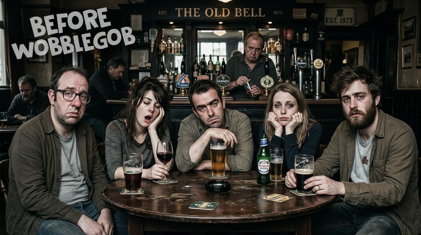 WobbleGob before and after pub with friends. Before unhappy and after Wobblegob hilarious